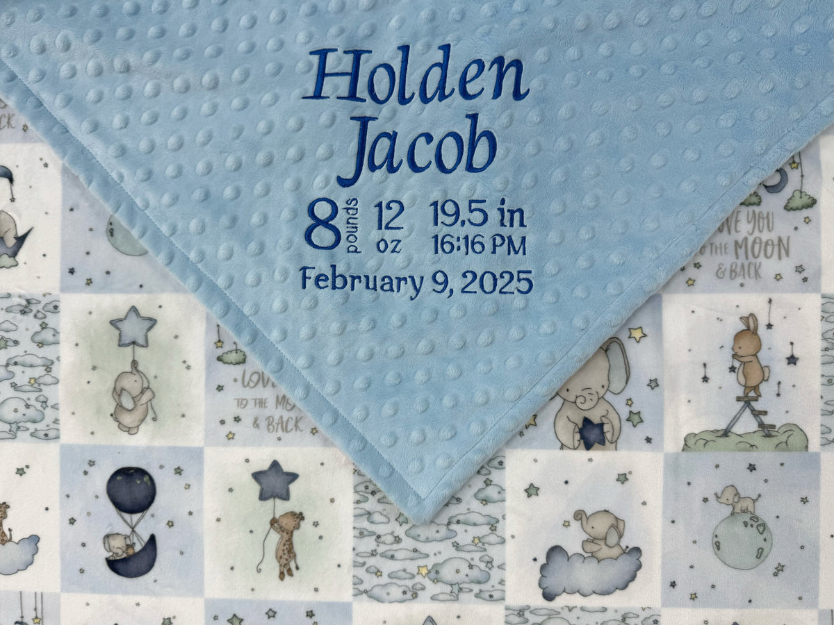 Personalized Baby Blanket, Blue and Gray Embroidered Minky with Birth Stats