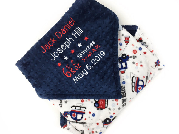 Personalized Blanket Embroidered with Baby Birth Stats, Navy and Red with Fire Trucks Police Cars, Keepsake Baby Gift