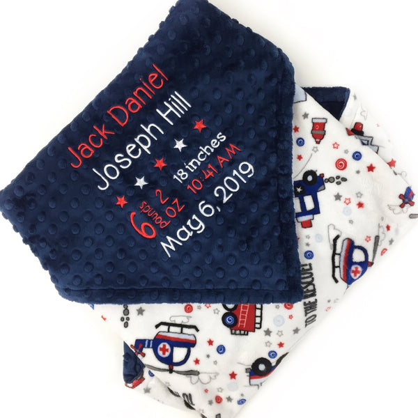 Personalized Blanket Embroidered with Baby Birth Stats, Navy and Red with Fire Trucks Police Cars, Keepsake Baby Gift