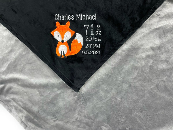Personalized Minky Baby Blanket in Black and Gray and Woodland Fox Design, Toddler Boy Birthday Gift, Newborn Keepsake Gift