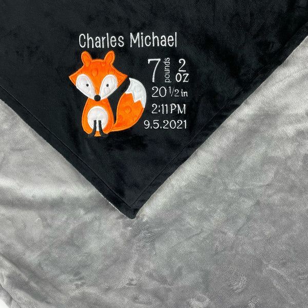 Personalized Minky Baby Blanket in Black and Gray and Woodland Fox Design, Toddler Boy Birthday Gift, Newborn Keepsake Gift