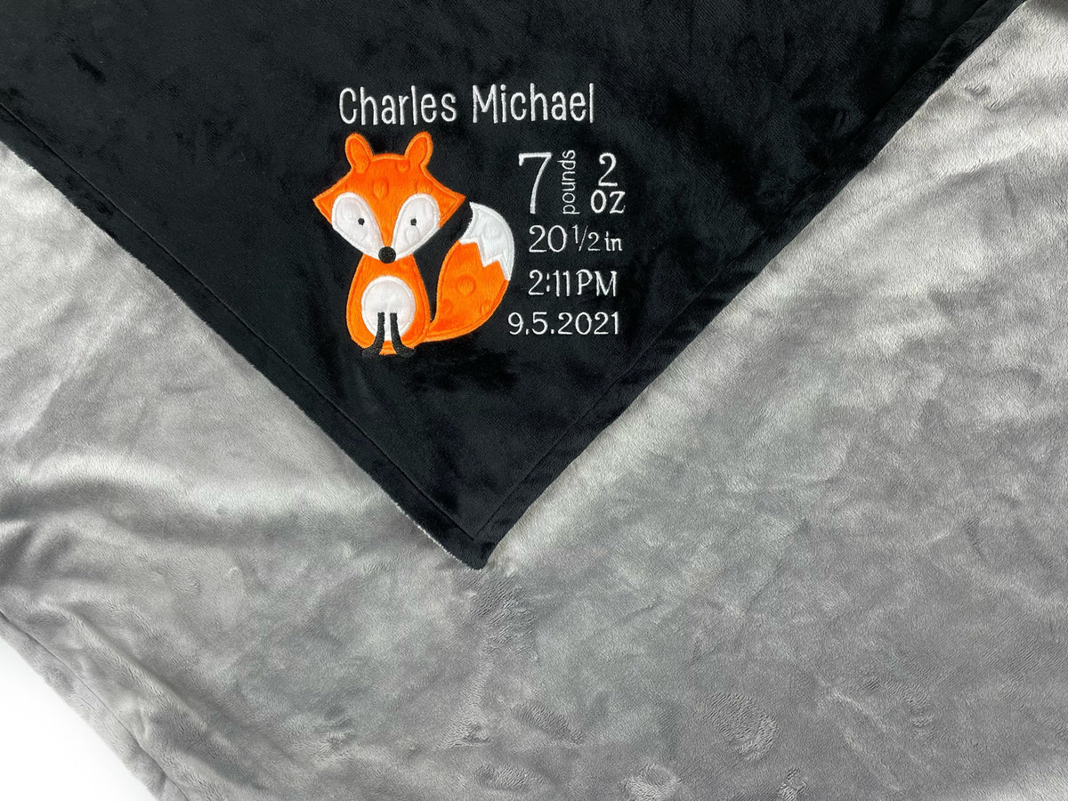 Personalized Minky Baby Blanket in Black and Gray and Woodland Fox Design, Toddler Boy Birthday Gift, Newborn Keepsake Gift