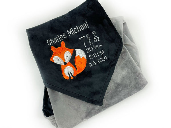 Personalized Minky Baby Blanket in Black and Gray and Woodland Fox Design, Toddler Boy Birthday Gift, Newborn Keepsake Gift