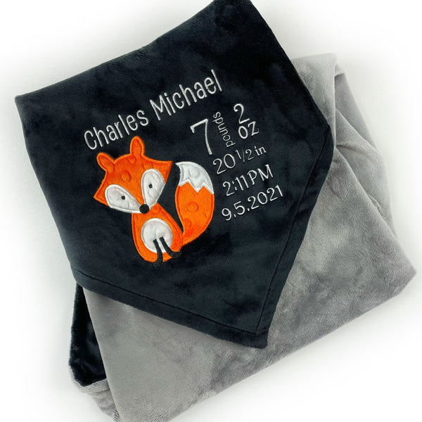 Personalized Minky Baby Blanket in Black and Gray and Woodland Fox Design, Toddler Boy Birthday Gift, Newborn Keepsake Gift