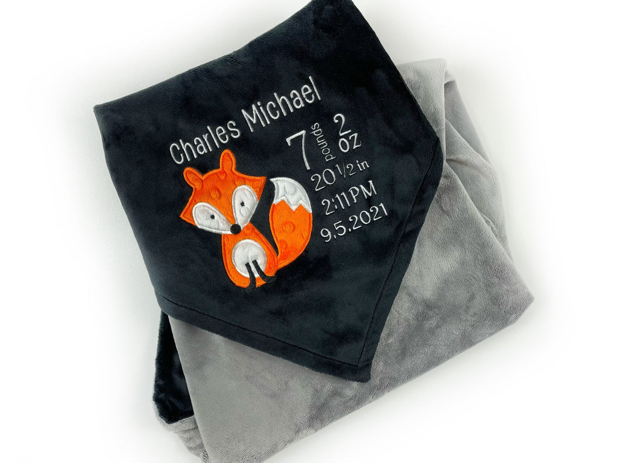 Personalized Minky Baby Blanket in Black and Gray and Woodland Fox Design, Toddler Boy Birthday Gift, Newborn Keepsake Gift