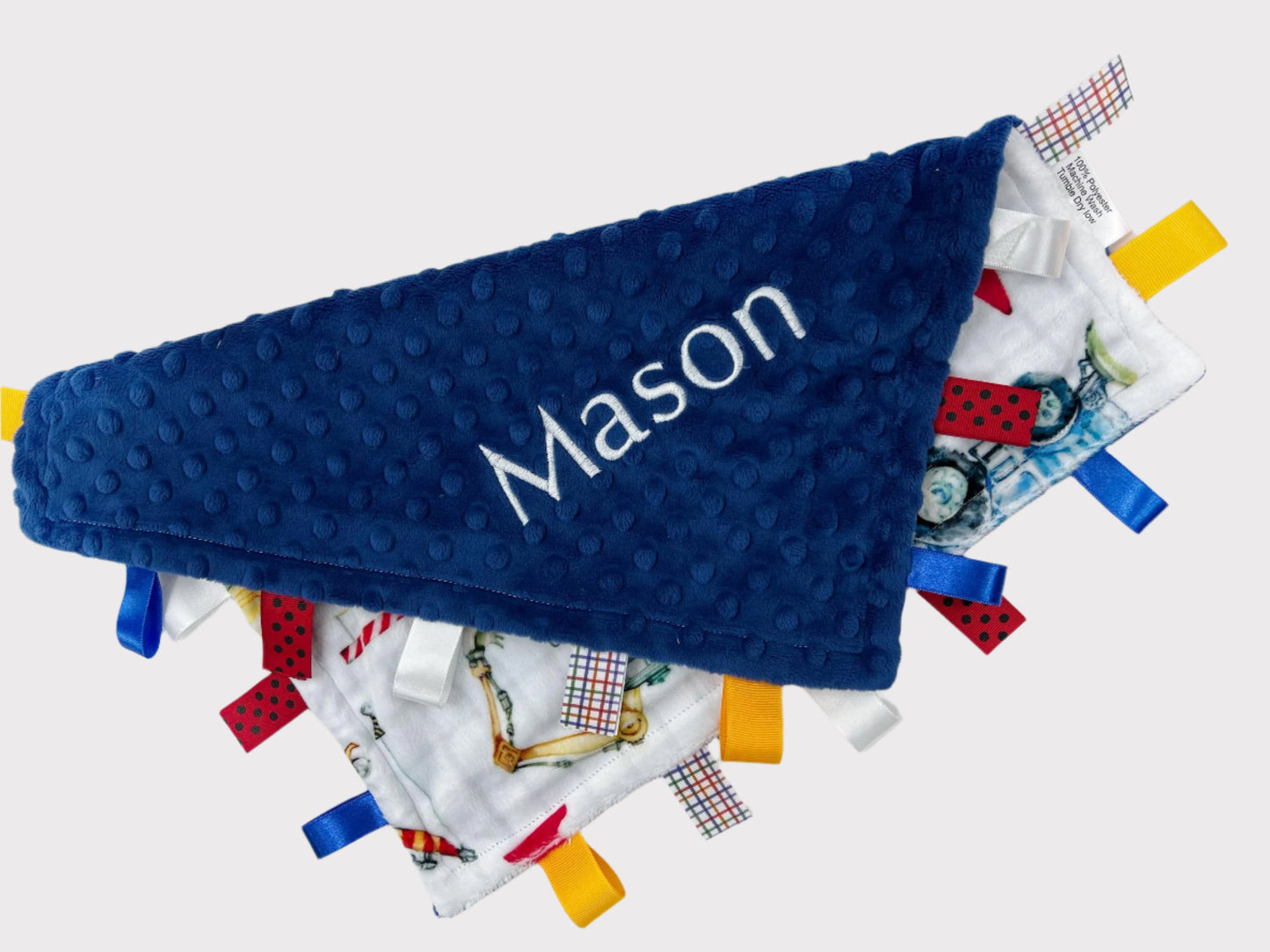 Personalized Lovey, Minky Tag Blanket, Blue Construction Vehicles Tag Lovey, Sensory Ribbon Tags, Baby Boy Shower Gift