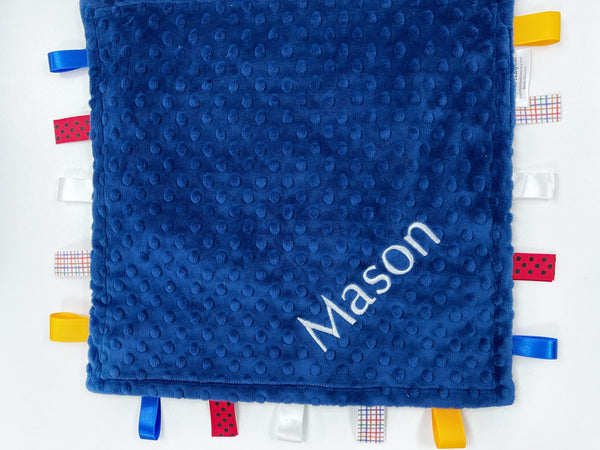 Personalized Lovey, Minky Tag Blanket, Blue Construction Vehicles Tag Lovey, Sensory Ribbon Tags, Baby Boy Shower Gift