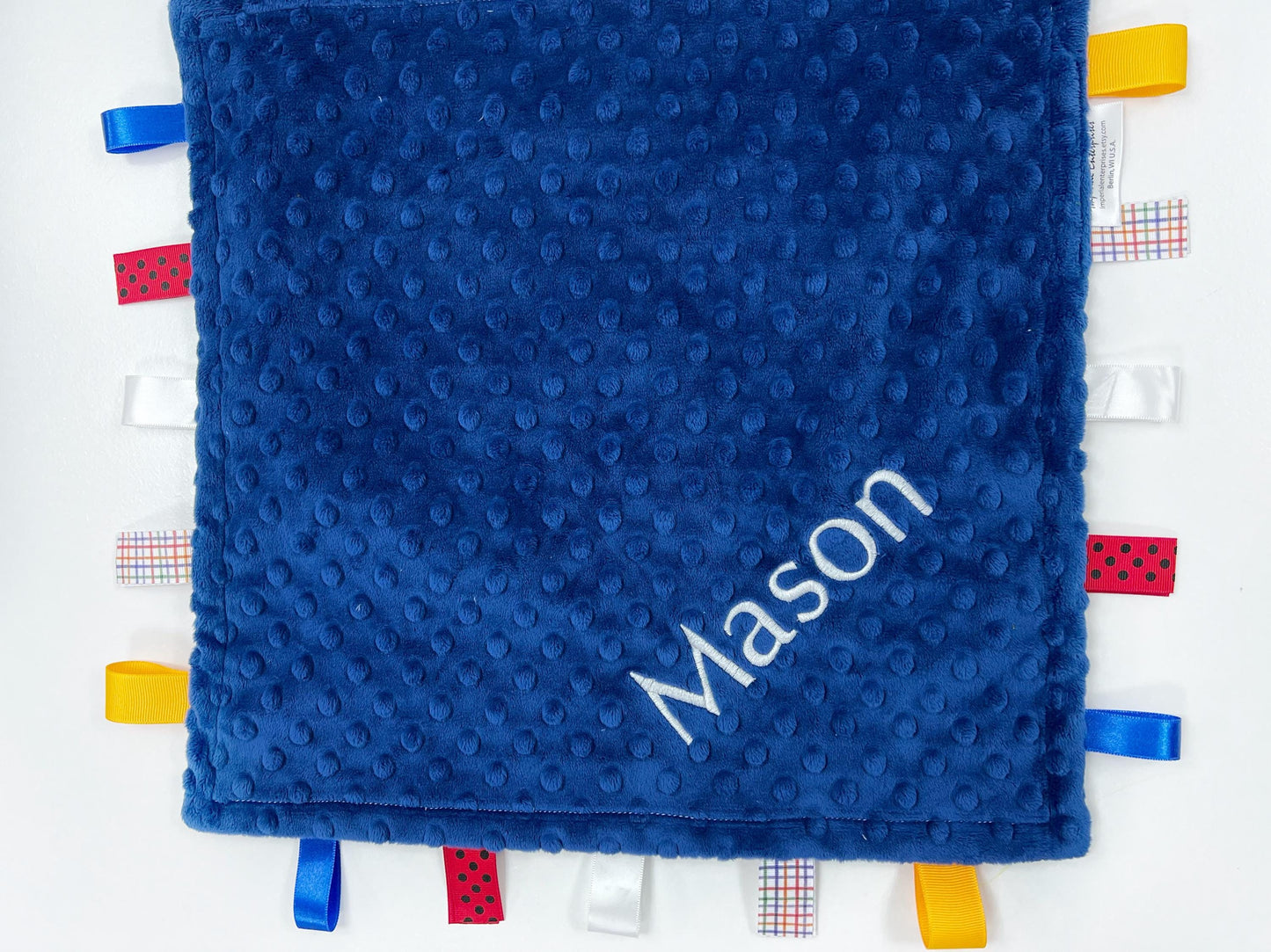 Personalized Lovey, Minky Tag Blanket, Blue Construction Vehicles Tag Lovey, Sensory Ribbon Tags, Baby Boy Shower Gift