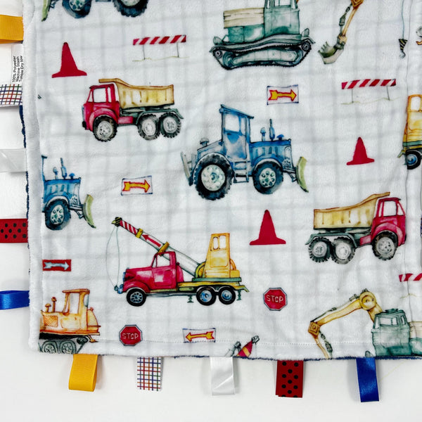 Personalized Lovey, Minky Tag Blanket, Blue Construction Vehicles Tag Lovey, Sensory Ribbon Tags, Baby Boy Shower Gift
