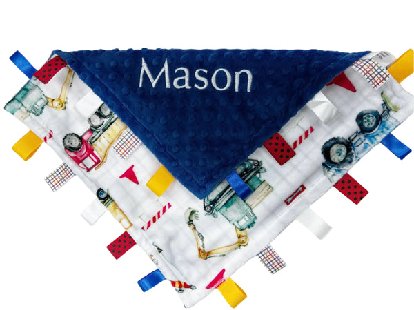 Personalized Lovey, Minky Tag Blanket, Blue Construction Vehicles Tag Lovey, Sensory Ribbon Tags, Baby Boy Shower Gift