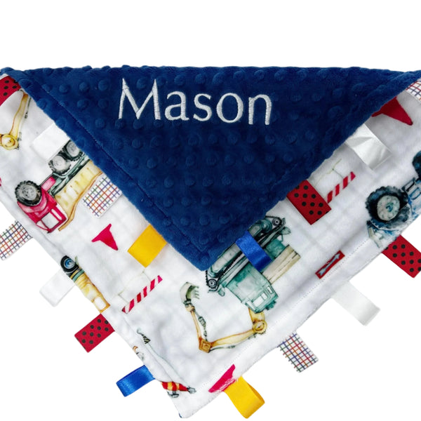 Personalized Lovey, Minky Tag Blanket, Blue Construction Vehicles Tag Lovey, Sensory Ribbon Tags, Baby Boy Shower Gift
