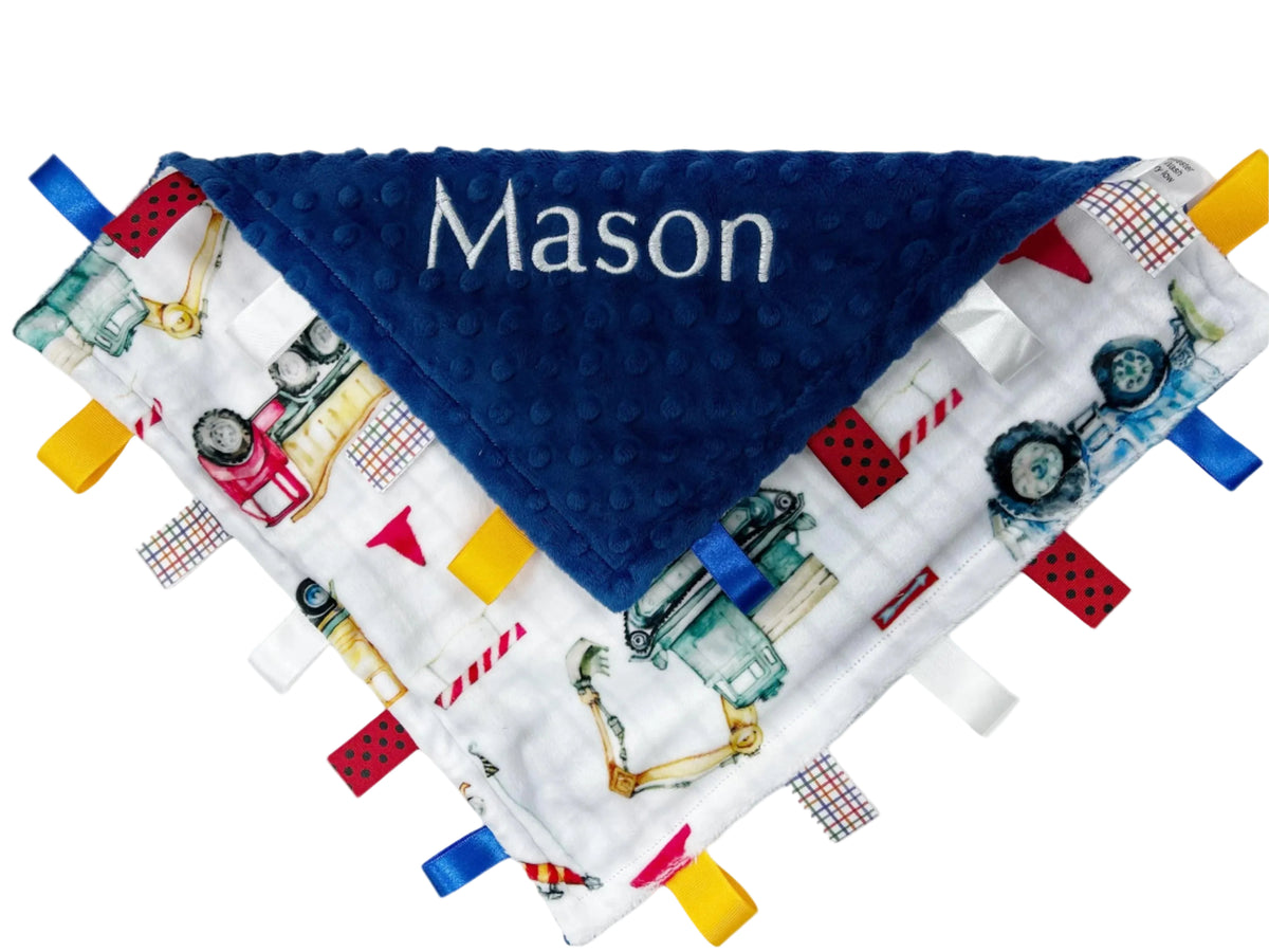Personalized Lovey, Minky Tag Blanket, Blue Construction Vehicles Tag Lovey, Sensory Ribbon Tags, Baby Boy Shower Gift