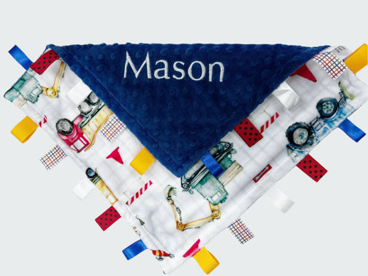 Personalized Lovey, Minky Tag Blanket, Blue Construction Vehicles Tag Lovey, Sensory Ribbon Tags, Baby Boy Shower Gift