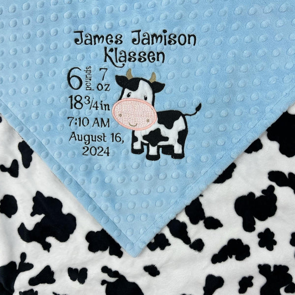 Personalized Baby Blanket, Light Blue Minky, Farm Cow Print, Birth Stats Blanket, Keepsake Gift for Baby Boy, Dairy Farm Cow