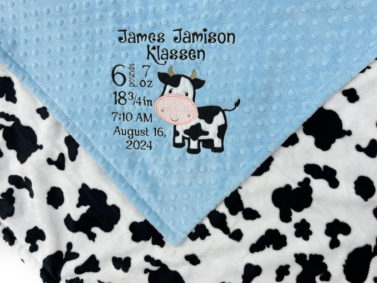 Personalized Baby Blanket, Light Blue Minky, Farm Cow Print, Birth Stats Blanket, Keepsake Gift for Baby Boy, Dairy Farm Cow