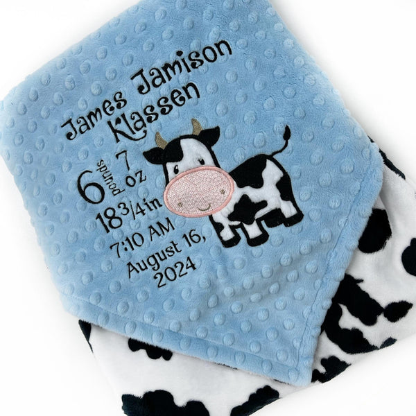 Personalized Baby Blanket, Light Blue Minky, Farm Cow Print, Birth Stats Blanket, Keepsake Gift for Baby Boy, Dairy Farm Cow