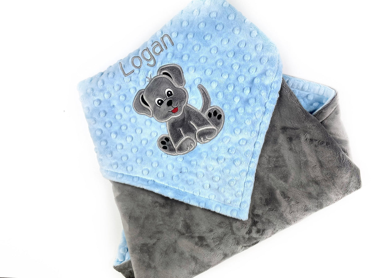 Blue Puppy Blanket, Minky Throw Blanket, Large Blue Throw for Dog Lovers