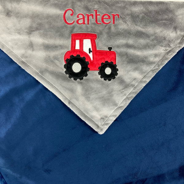 Personalized Tractor Blanket in Navy, Gray and Red, Keepsake Gift for Newborn Baby