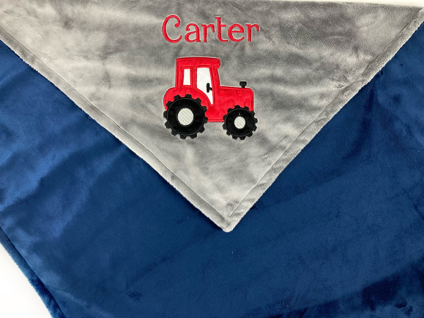 Personalized Tractor Blanket in Navy, Gray and Red, Keepsake Gift for Newborn Baby
