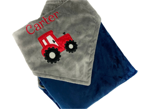 Personalized Tractor Blanket in Navy, Gray and Red, Keepsake Gift for Newborn Baby