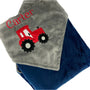 Personalized Tractor Blanket in Navy, Gray and Red, Keepsake Gift for Newborn Baby