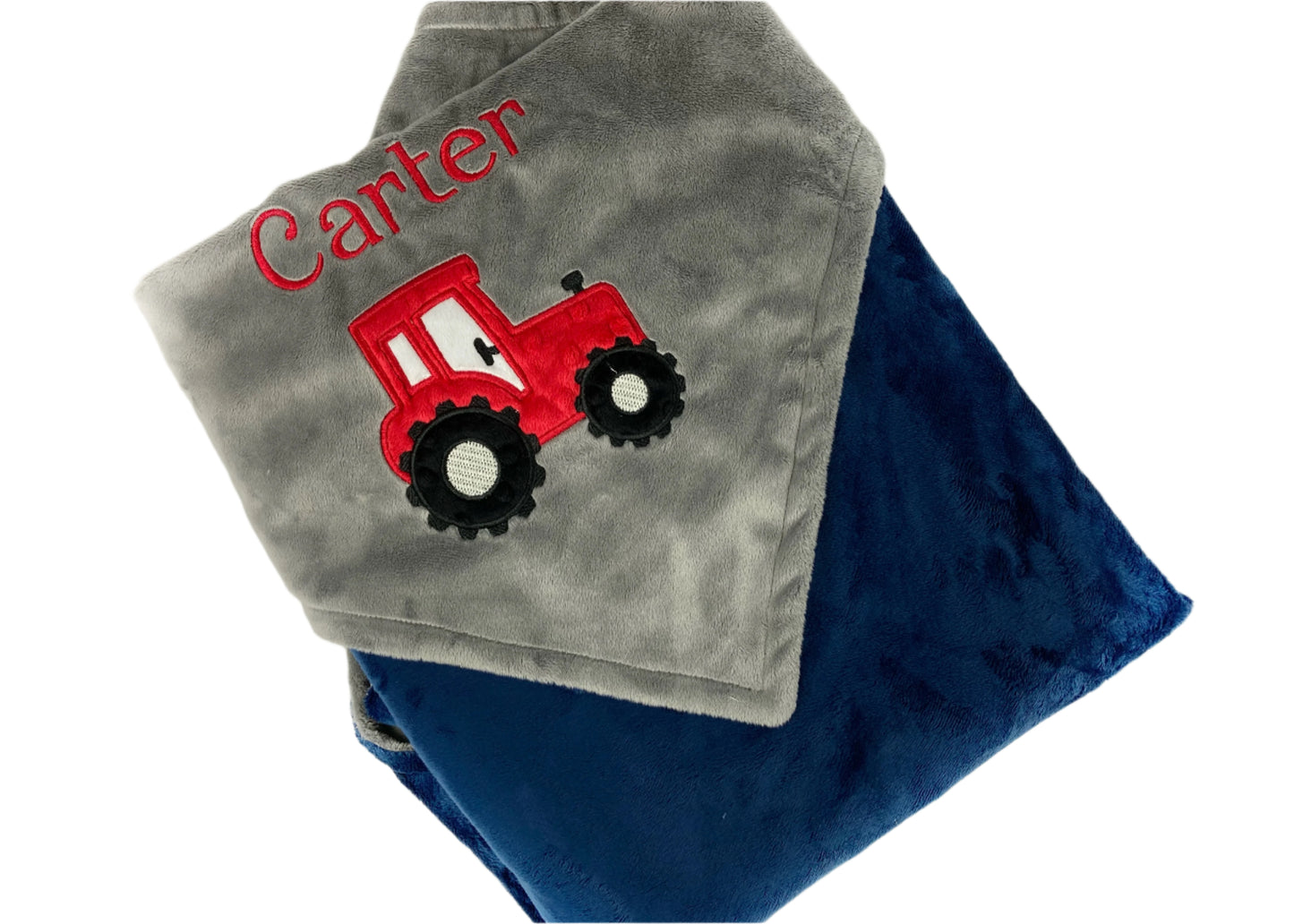 Personalized Tractor Blanket in Navy, Gray and Red, Keepsake Gift for Newborn Baby