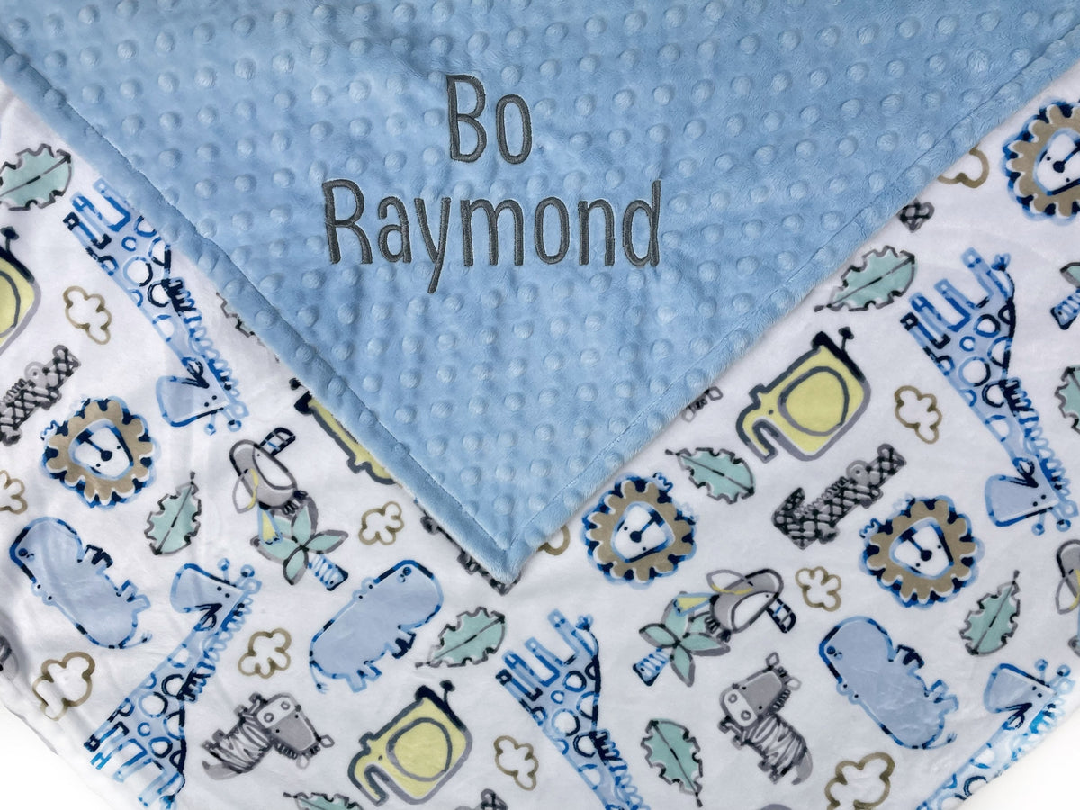 Personalized Minky Baby Blanket in Light Blue and White Zoo Animals Minky with name or Birth Stats