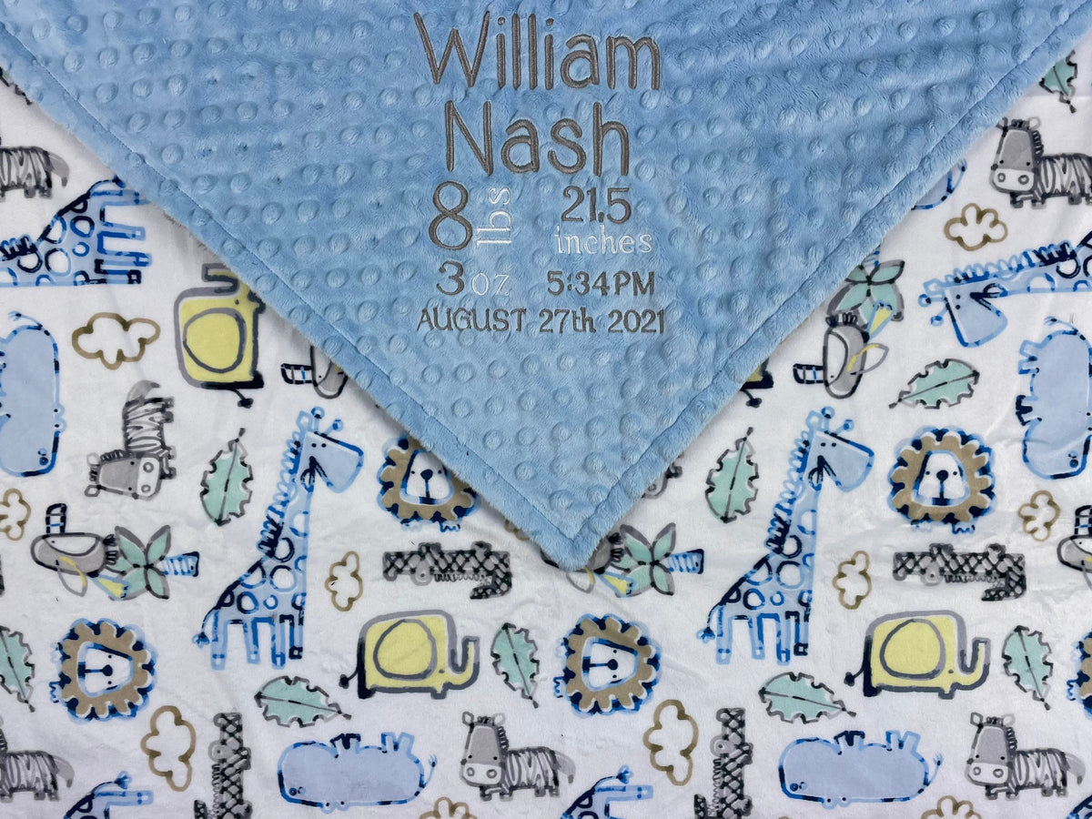 Personalized Minky Baby Blanket in Light Blue and White Zoo Animals Minky with name or Birth Stats