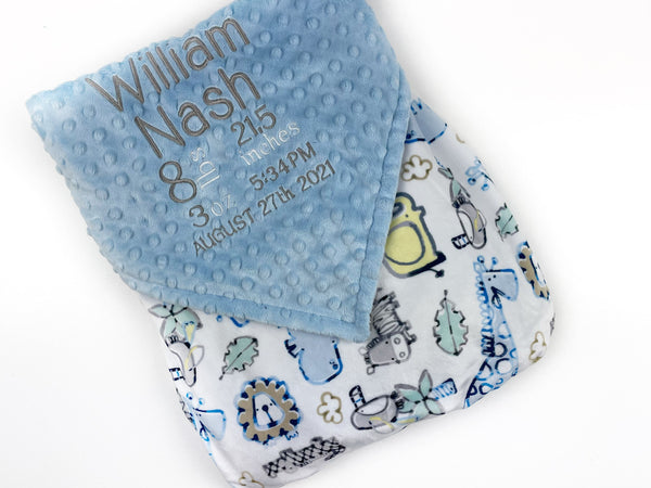 Personalized Minky Baby Blanket in Light Blue and White Zoo Animals Minky with name or Birth Stats