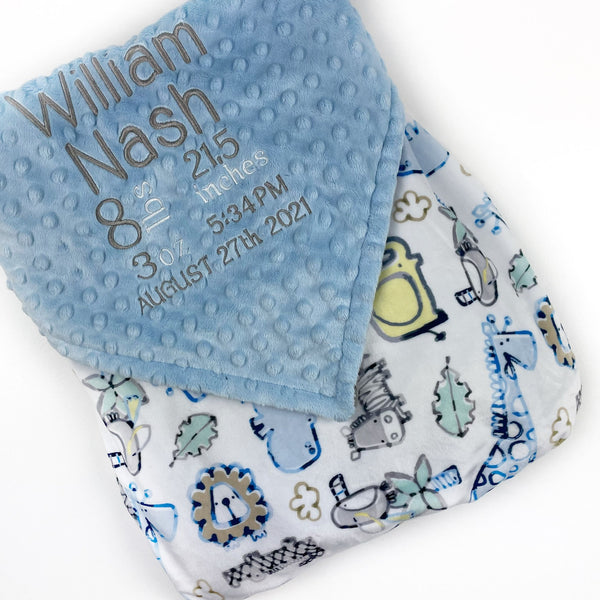 Personalized Minky Baby Blanket in Light Blue and White Zoo Animals Minky with name or Birth Stats