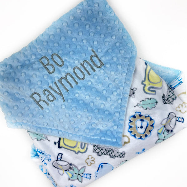 Personalized Minky Baby Blanket in Light Blue and White Zoo Animals Minky with name or Birth Stats