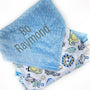 Personalized Minky Baby Blanket in Light Blue and White Zoo Animals Minky with name or Birth Stats