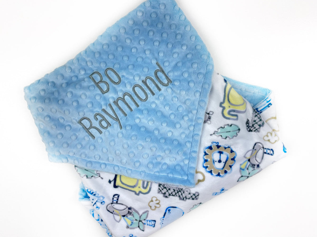 Personalized Minky Baby Blanket in Light Blue and White Zoo Animals Minky with name or Birth Stats