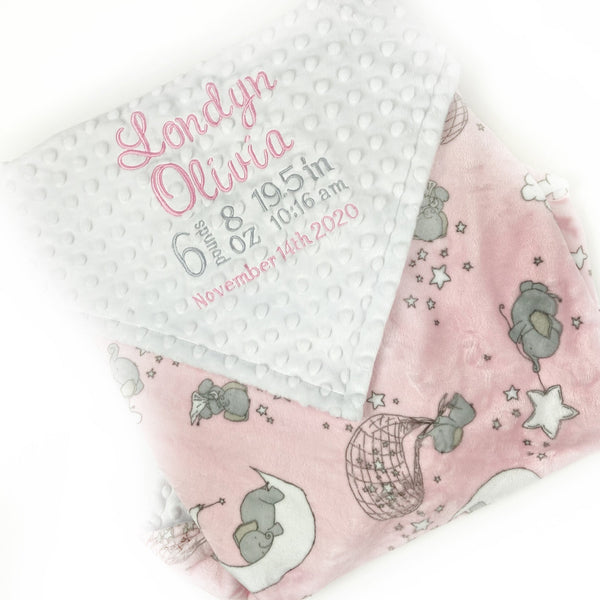 Elephant Baby Blanket, Pink and White Minky, Personalized Blanket, Baby Girl Keepsake, Elephant Nursery Theme, First Birthday Gift