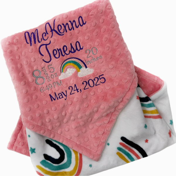 Personalized Baby Blanket, Coral Rainbow Blanket, Birth Stats Baby Gift