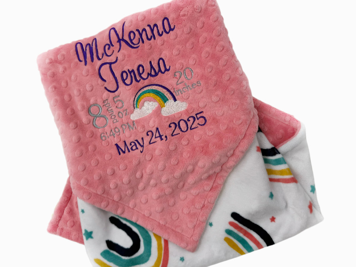 Personalized Baby Blanket, Coral Rainbow Blanket, Birth Stats Baby Gift