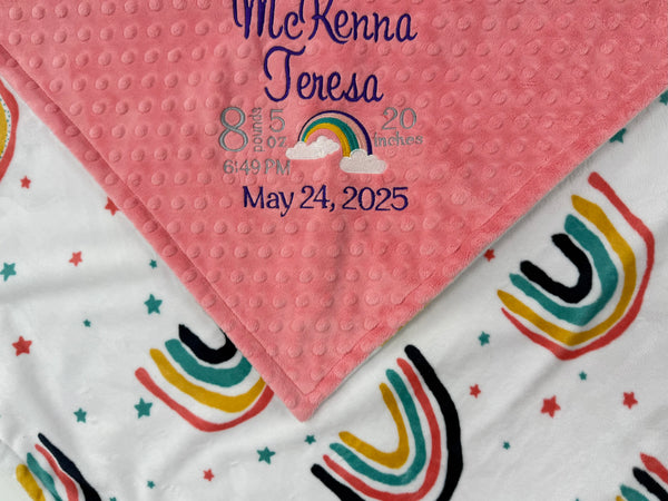 Personalized Baby Blanket, Coral Rainbow Blanket, Birth Stats Baby Gift