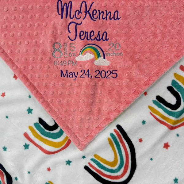 Personalized Baby Blanket, Coral Rainbow Blanket, Birth Stats Baby Gift