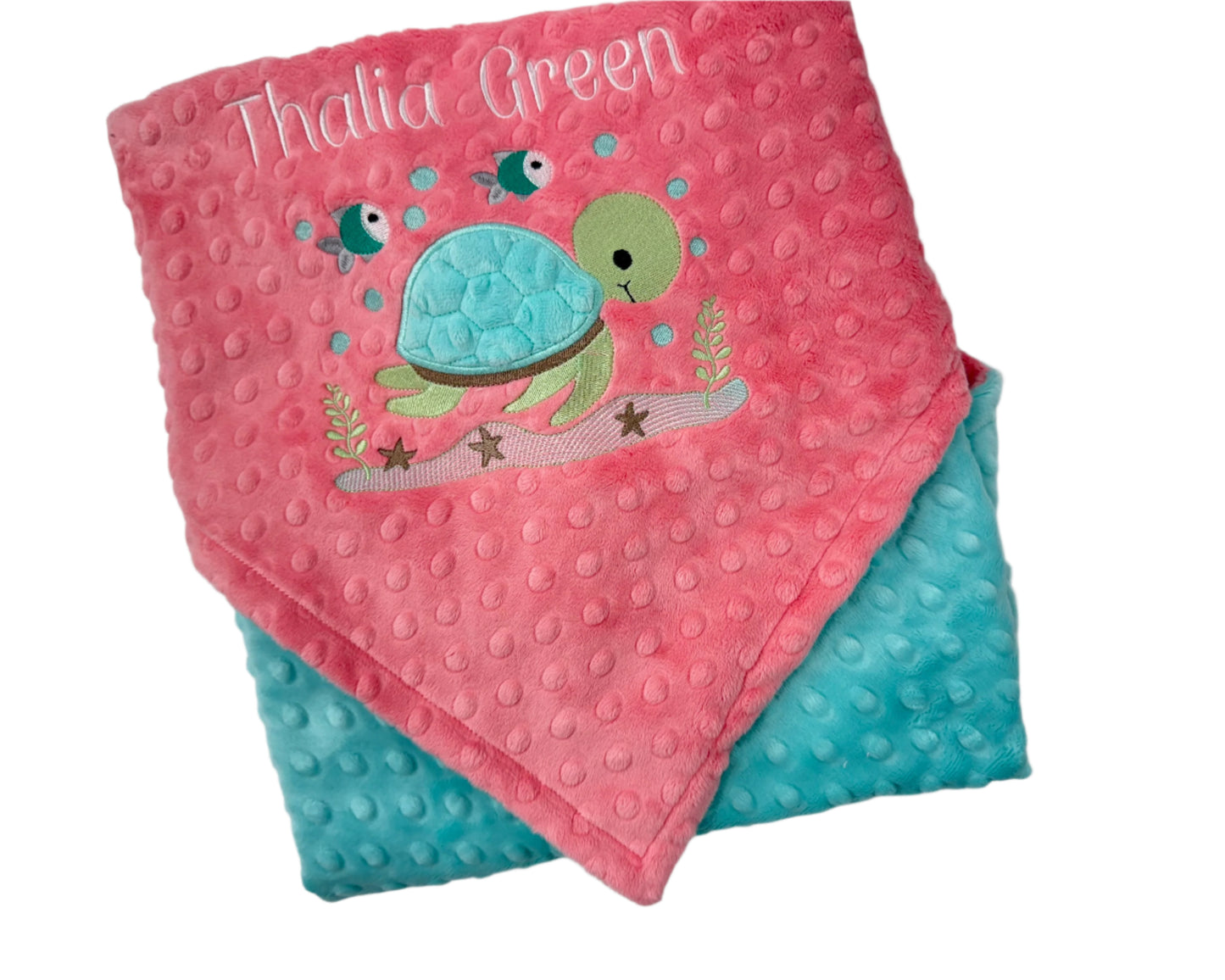 Personalized Baby Blanket, Coral and Aqua Minky Blanket with Sea Turtle, Embroidered Name or Birth Stats