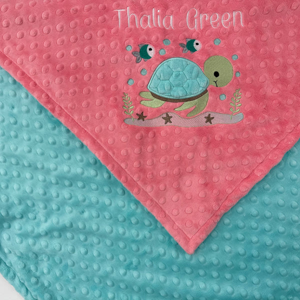Personalized Baby Blanket, Coral and Aqua Minky Blanket with Sea Turtle, Embroidered Name or Birth Stats