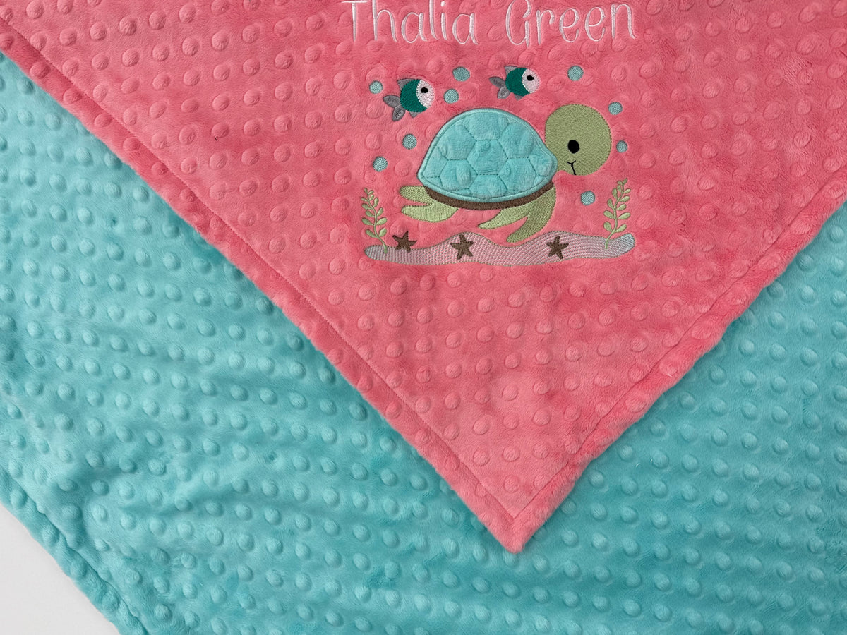 Personalized Baby Blanket, Coral and Aqua Minky Blanket with Sea Turtle, Embroidered Name or Birth Stats