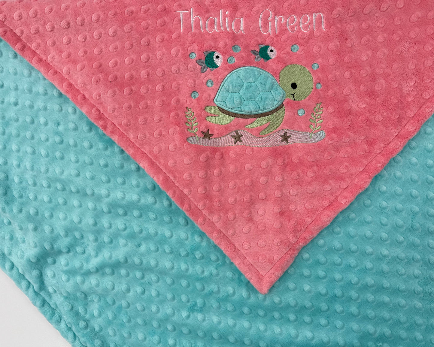Personalized Baby Blanket, Coral and Aqua Minky Blanket with Sea Turtle, Embroidered Name or Birth Stats