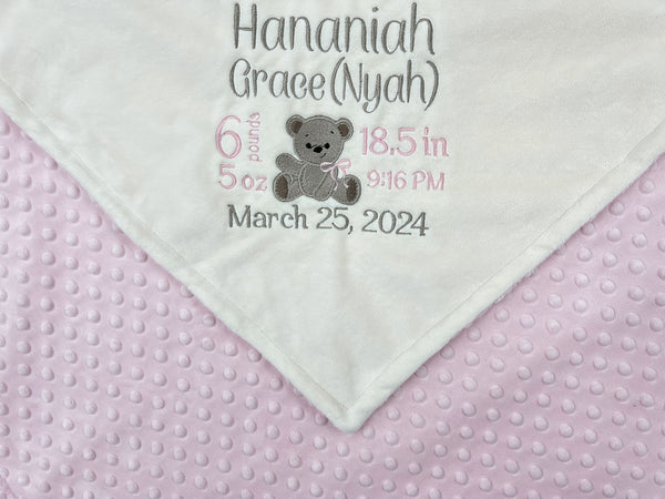 Ivory Baby Blanket, Teddy Bear Birth Design, Light Pink and Ivory Baby Blanket, Personalized Blanket, Baby Gift, Keepsake Gift for Baby Girl