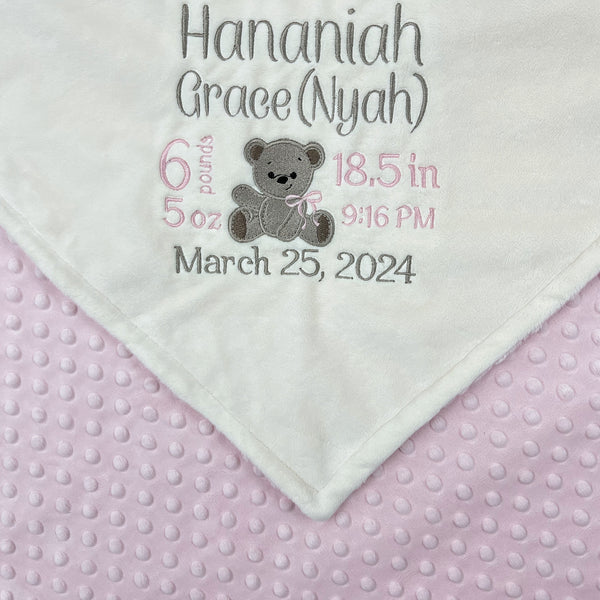 Ivory Baby Blanket, Teddy Bear Birth Design, Light Pink and Ivory Baby Blanket, Personalized Blanket, Baby Gift, Keepsake Gift for Baby Girl