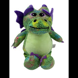 Personalized plush green dragon with colorful accents, perfect for kids and custom embroidery options.
