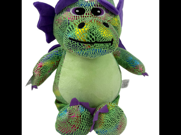 Personalized plush green dragon with colorful accents, perfect for kids and custom embroidery options.