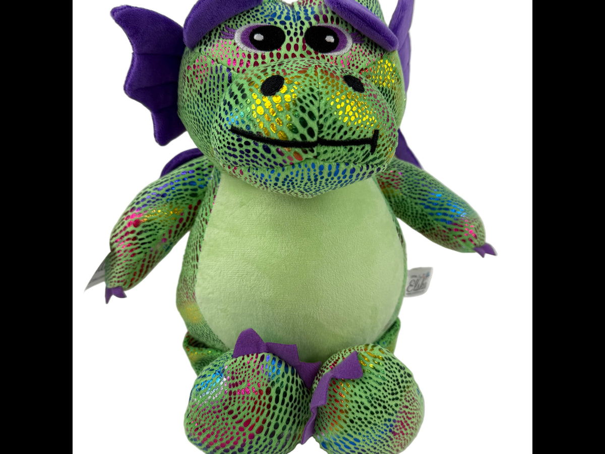 Personalized plush green dragon with colorful accents, perfect for kids and custom embroidery options.