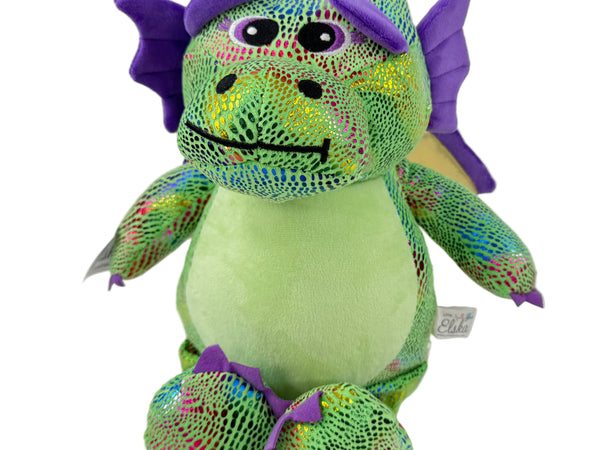 Colorful personalized stuffed dragon toy, perfect keepsake gift for children, customizable with name or birth details.