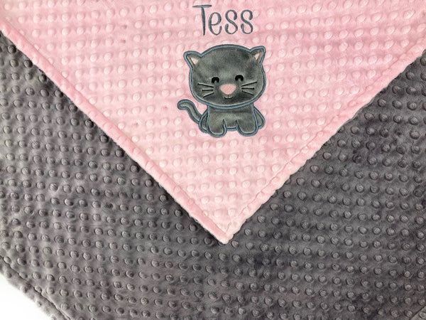 Minky Baby Blanket, Pink and Gray Kitty Blanket, Personalized with Name or Birth Stats, Newborn Gift for Girls, Keepsake Gift