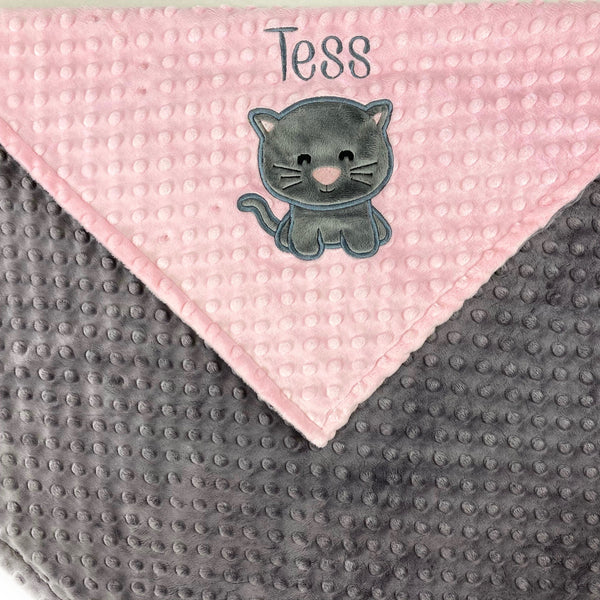 Minky Baby Blanket, Pink and Gray Kitty Blanket, Personalized with Name or Birth Stats, Newborn Gift for Girls, Keepsake Gift